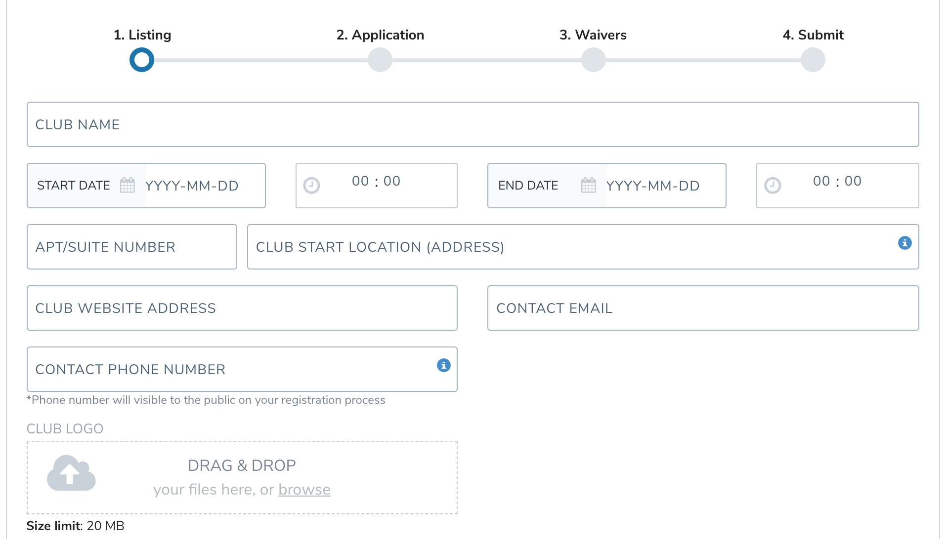 Club listing form with name, dates, address and contact