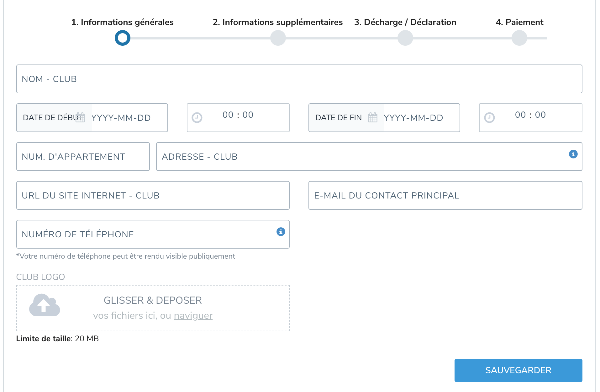Formulaire d’annonce du club avec nom, dates, adresse et contact