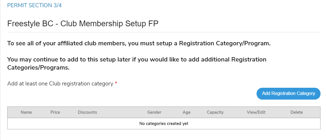 Club membership setup section with Add Registration Category