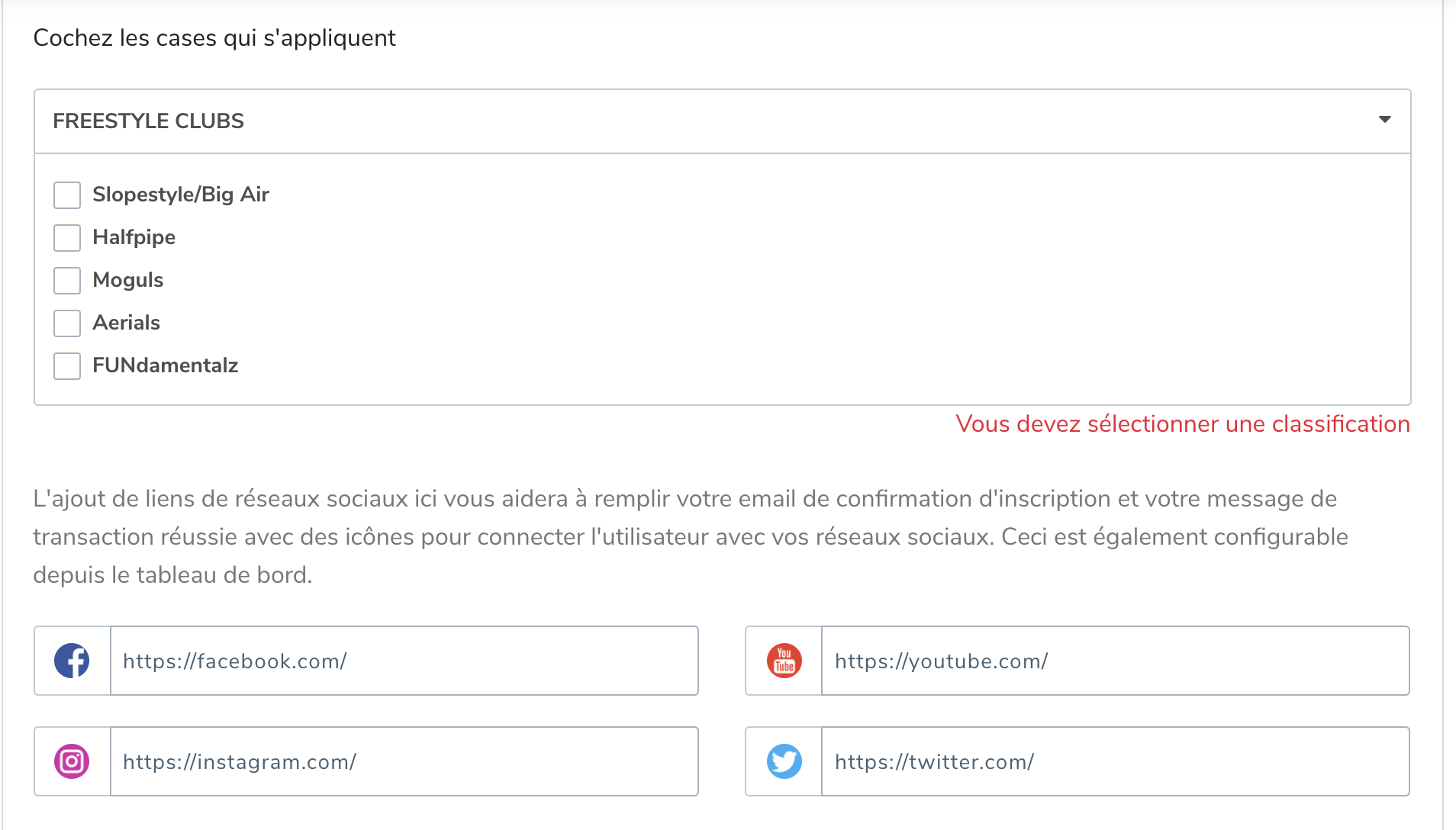 Classifications des clubs de ski acrobatique et liens de réseaux sociaux