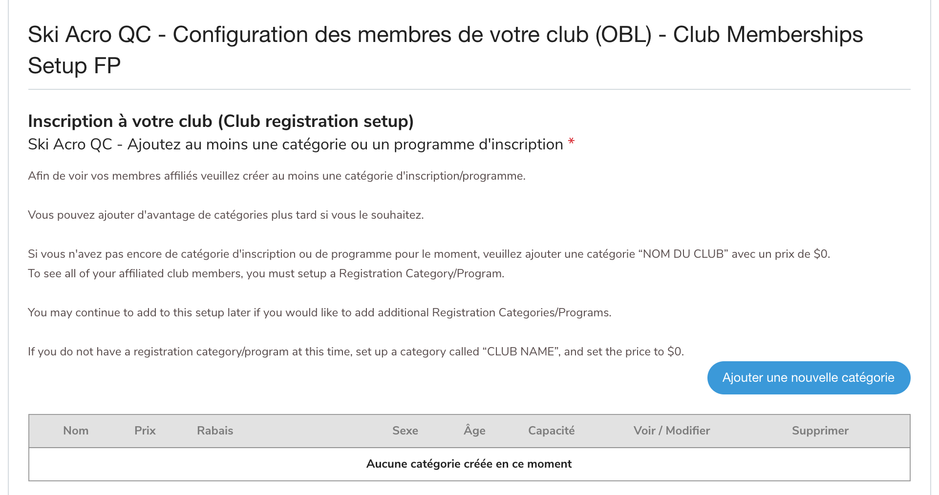 Configuration des adhésions du club avec Ajouter une nouvelle catégorie