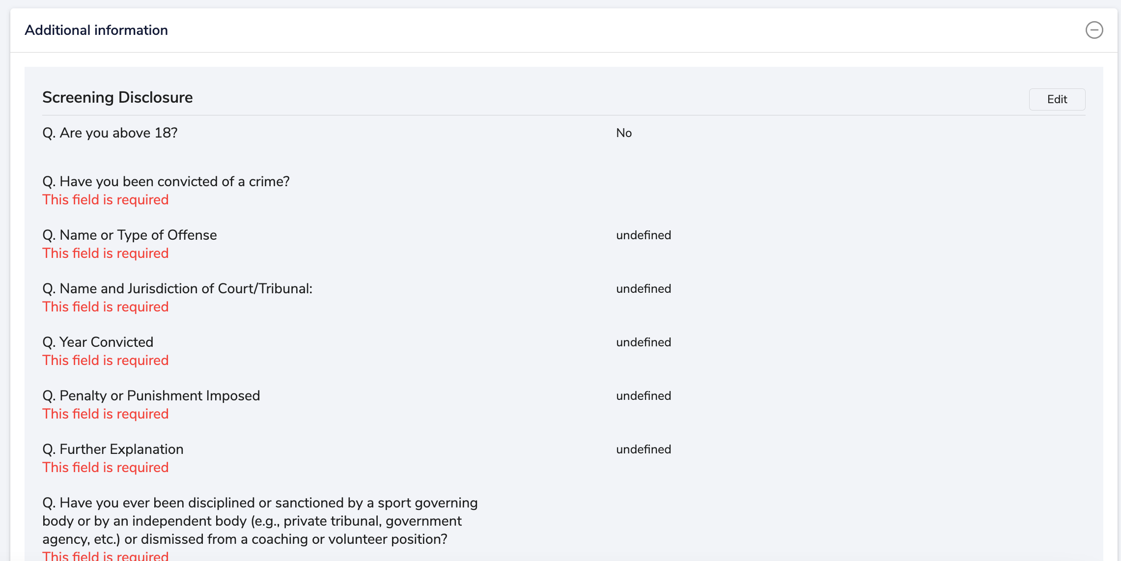 Onglet Additional Information avec la section des questions de filtrage