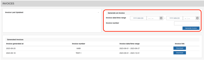 Section Invoices avec la période de dates et d’heures