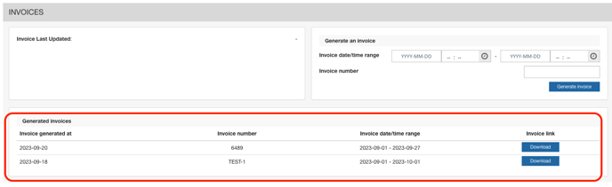 Liste des factures produites avec les liens de téléchargement