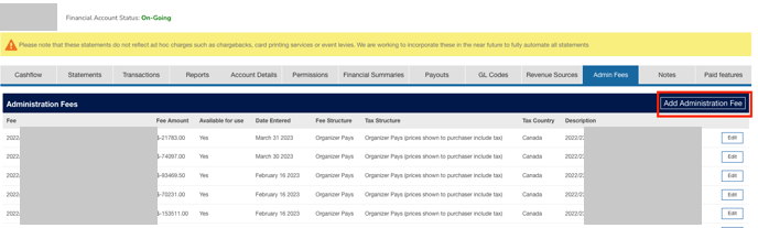 Bouton Add Administration Fee
