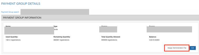 Bouton Assign Administration Fee sur le groupe de paiement