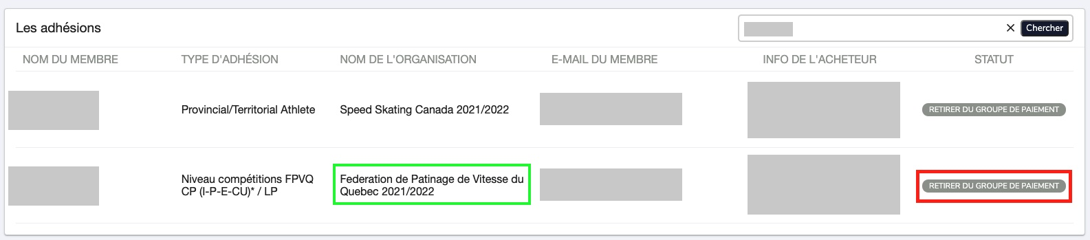 Bouton Remove from Payment Group sur une ligne d’adhésion