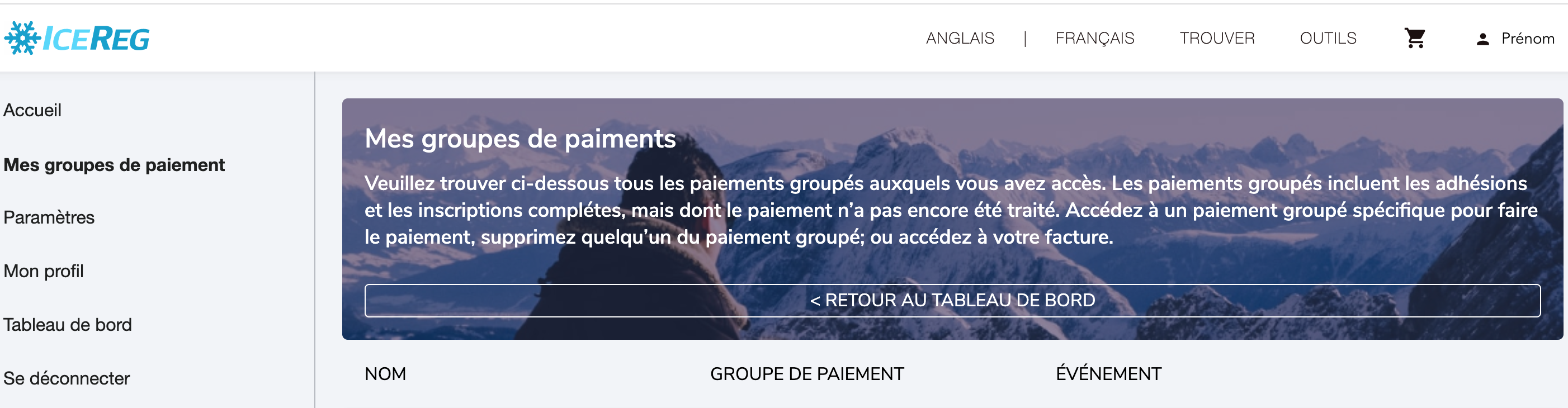 Liste des groupes de paiement dans Mes pages