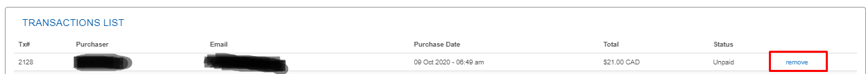 Liste des transactions avec l’option de retrait