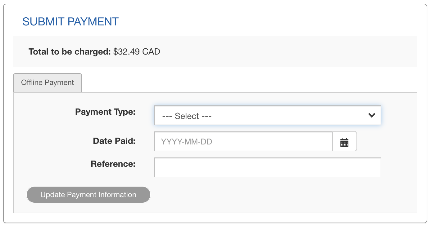 Onglet du paiement hors ligne avec Update Payment Information