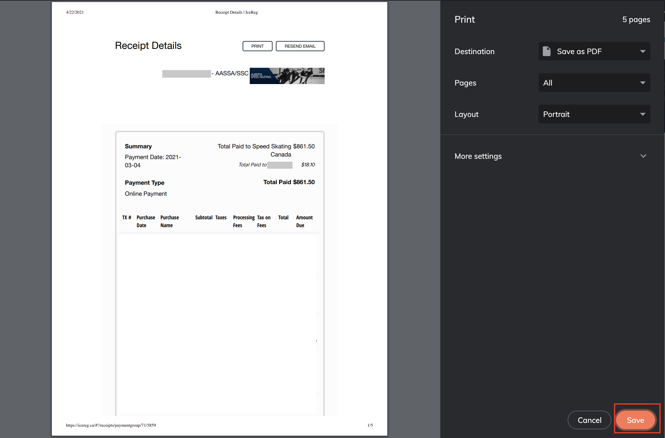 Fenêtre d’impression du navigateur réglée pour enregistrer en PDF