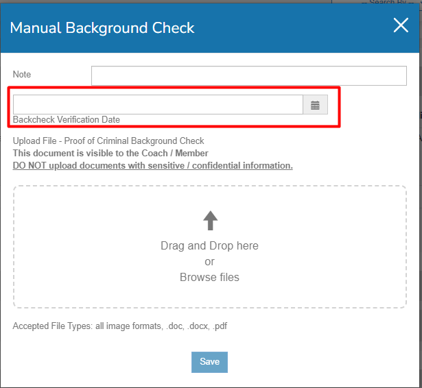 Manual Background Check form with note, date and upload