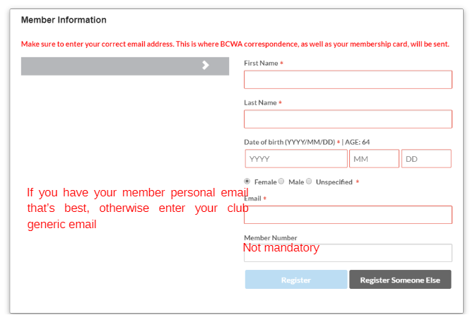 Formulaire des renseignements du membre avec Register Someone Else