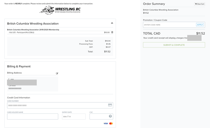 Panier avec renseignements de paiement et Submit & Complete