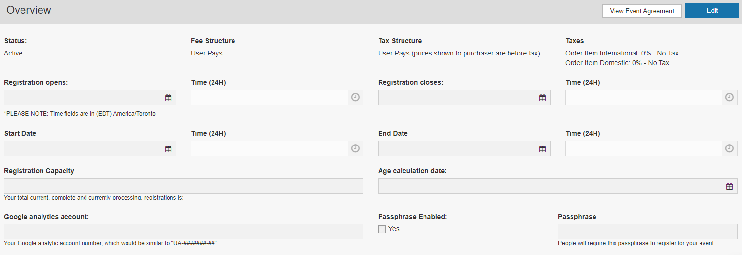 Aperçu de la configuration avec frais, taxes et dates d’inscription