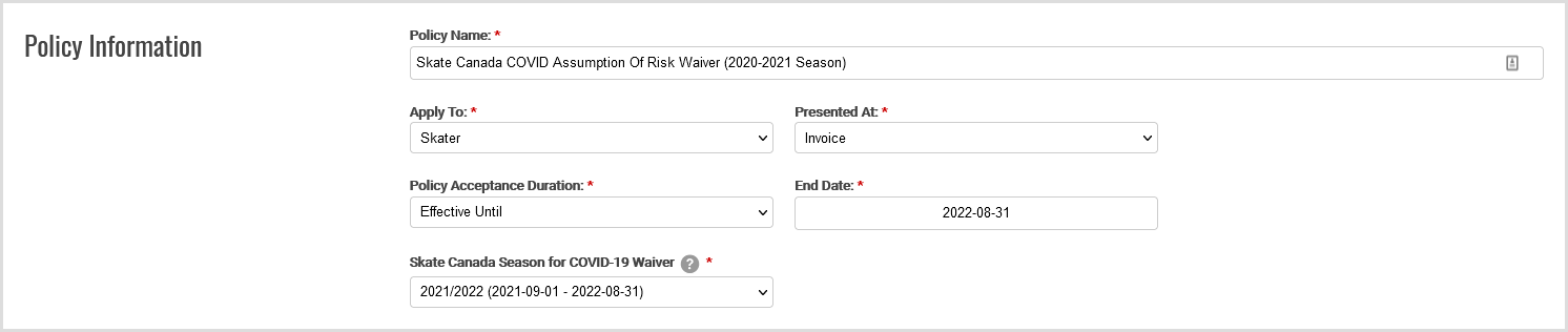 Policy with Skate Canada Season for COVID-19 Waiver