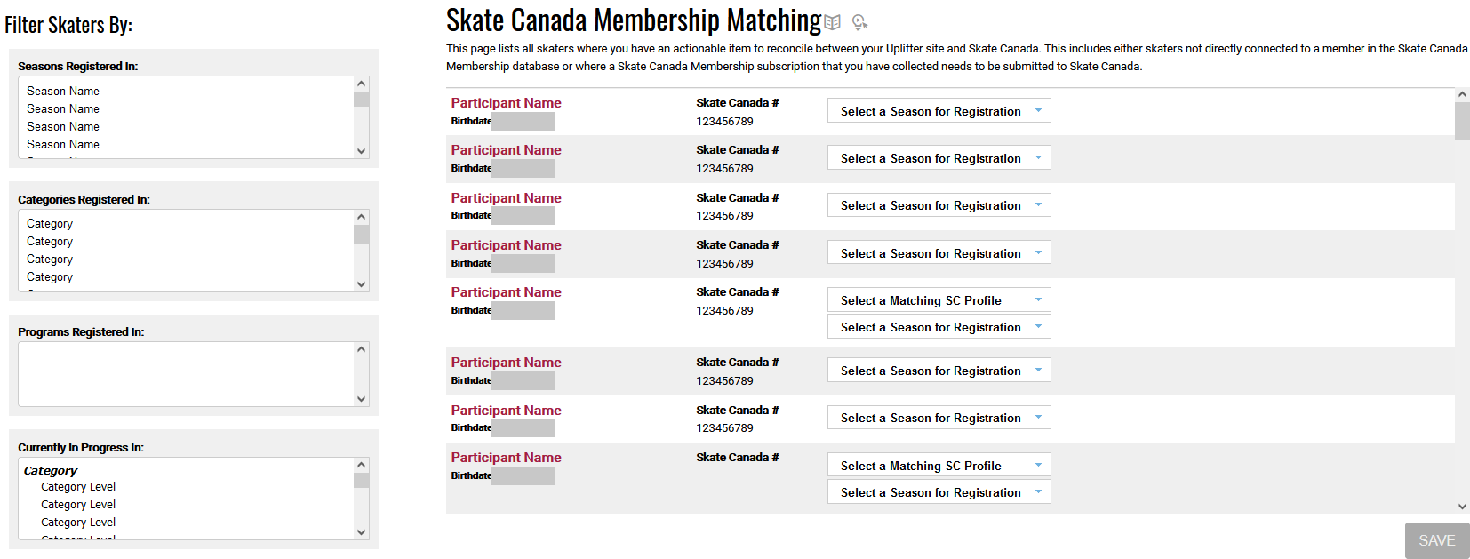 Skate Canada Membership Matching page with filters