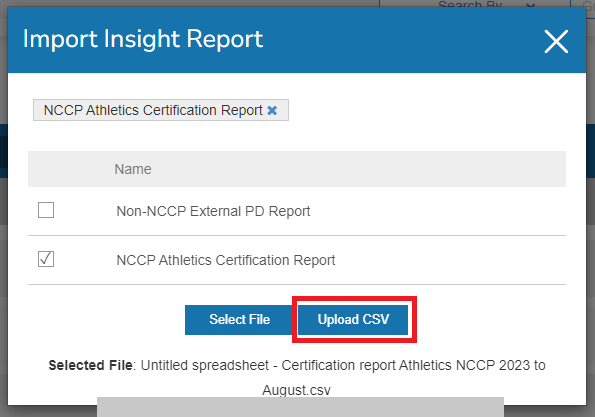 Fenêtre d'importation avec le bouton Upload CSV